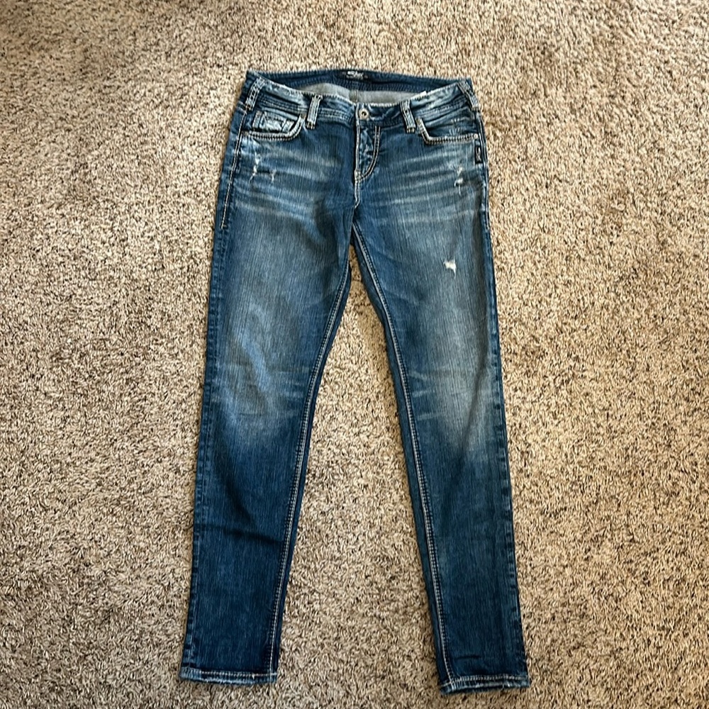 Women’s Silver Mid Rise Distressed Girlfriend Jeans
